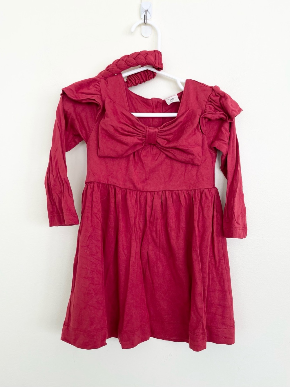 Kate Quinn Long Sleeve Bow Front Bamboo Dress in Garnet Red 12-18M w Headband